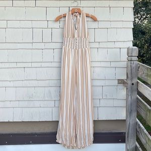 American Eagle White and tan striped halter jumpsuit
